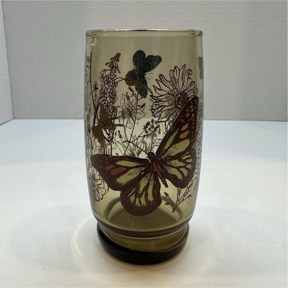 Libbey Butterfly Floral Glass Tumbler, Brown, nature lover, vintage‎